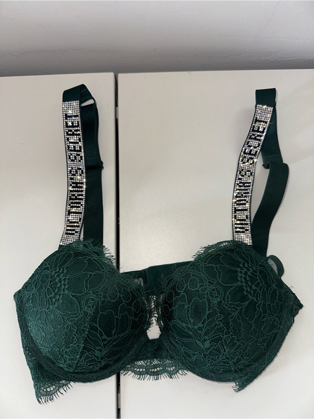 Victoria's Secret Emerald Green Lace Push-Up Bra with Jeweled Straps